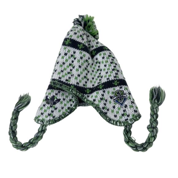 Adidas MLS Portland Timbers Beanie Hat Ear Flap Pom Pom Green White Womens OS - Picture 3 of 9